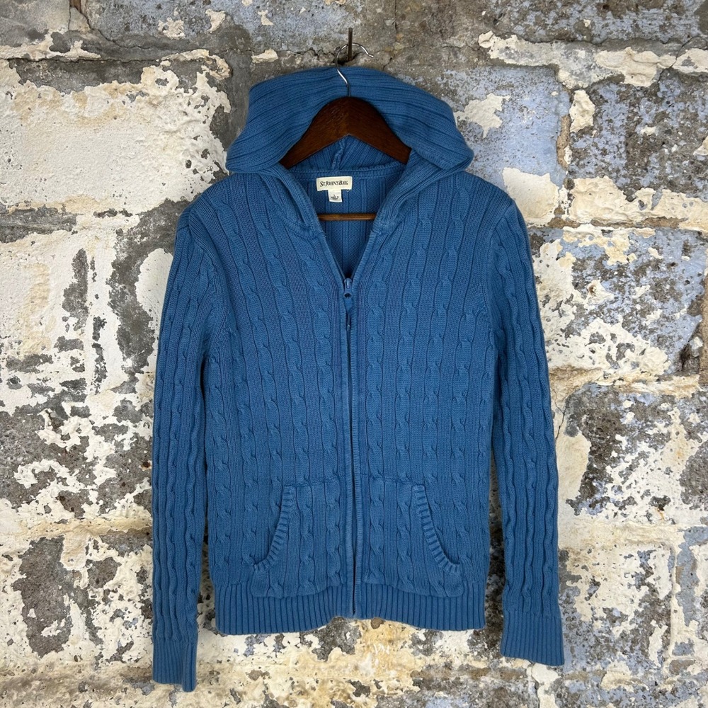 St. Johns Bay 100% Cotton Cable Knit Hoodie Blue Full Zip Womens Large